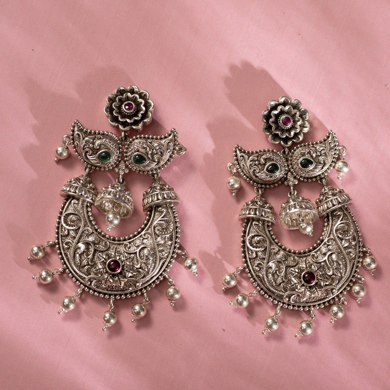 Traditional German Silver Oxidised Antique Jhumki Earrings